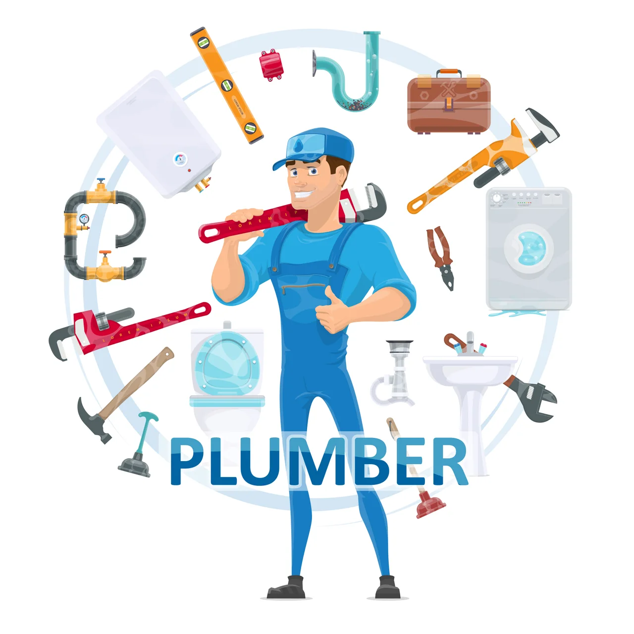 Plumber illustration surrounded by plumbing tools and fixtures