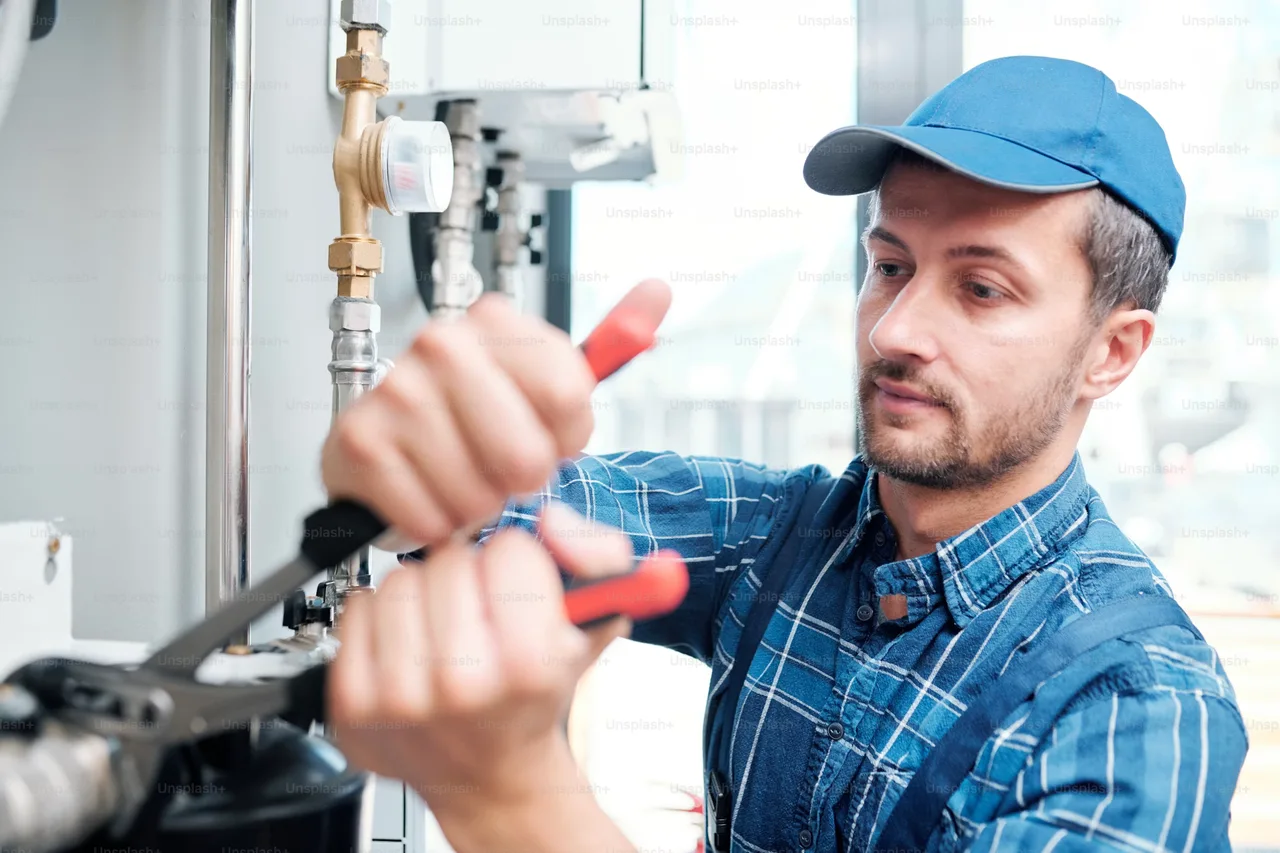 Plumber adjusting fittings beside plumbing equipment